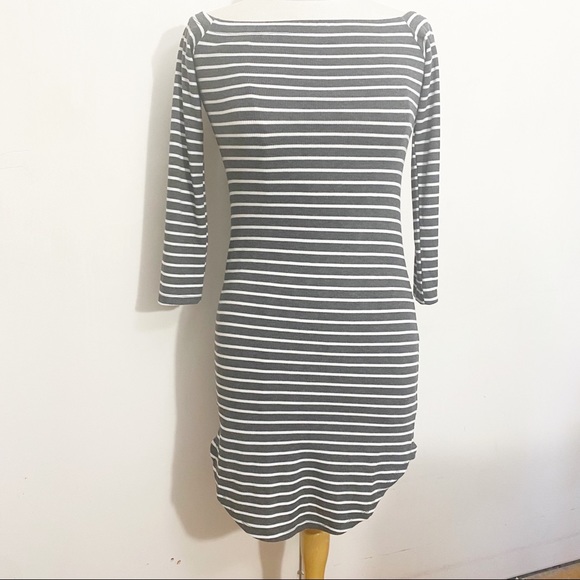 OHCONCEPT rib boat neck on/off shoulder mini dress gray & white stripe M - Picture 1 of 8